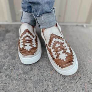 Elegant White and Brown Woven Sneakers